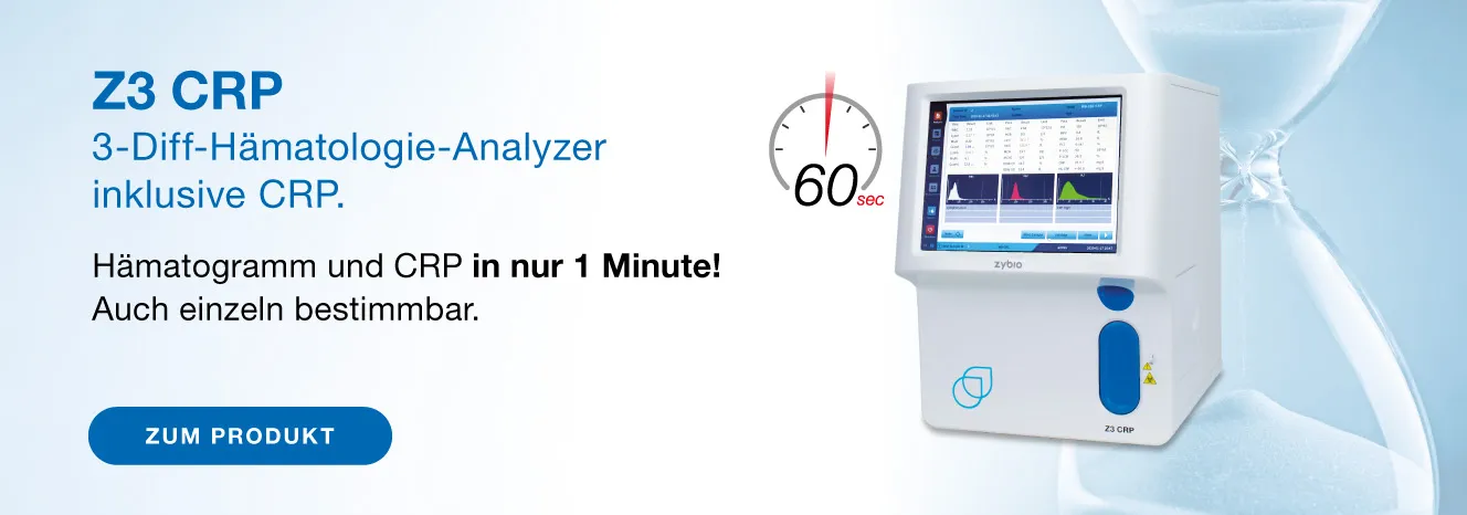 Ein echter Zeitgewinn! Z3 CRP. Hämatogramm und CRP in nur 1 Minute! Hämatogramm oder CRP auch einzeln bestimmbar. Zum Produkt.